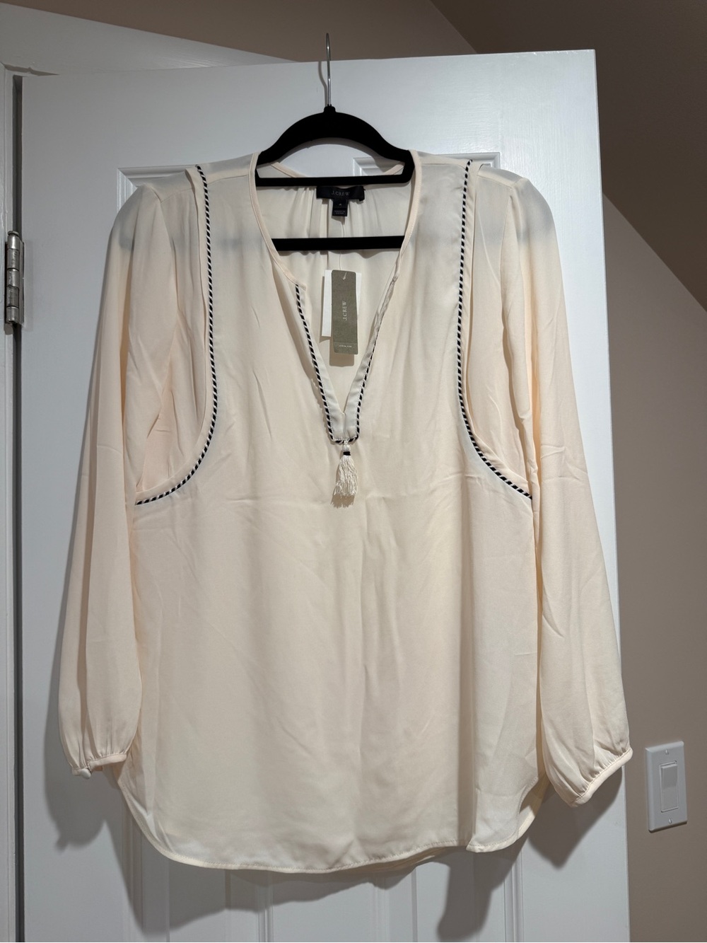 NWT J.Crew Cream Tassel Peasant Blouse with Black Trim, Size 4